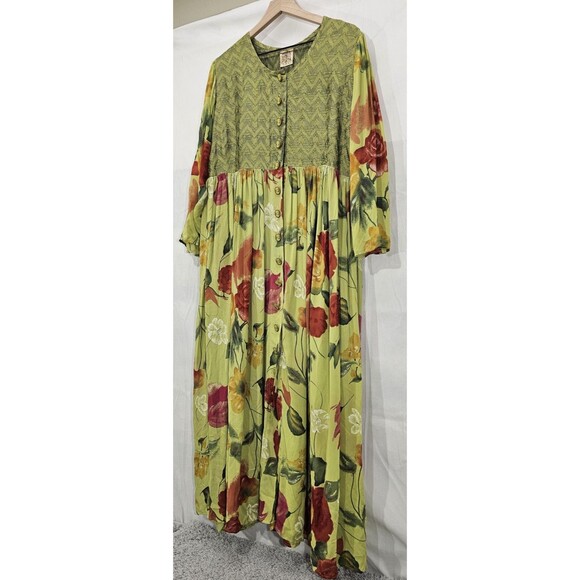 Vintage URU Womens Silk Maxi Dress Floral Kimono Duster Green Boho Art Rare OS - Picture 7 of 15